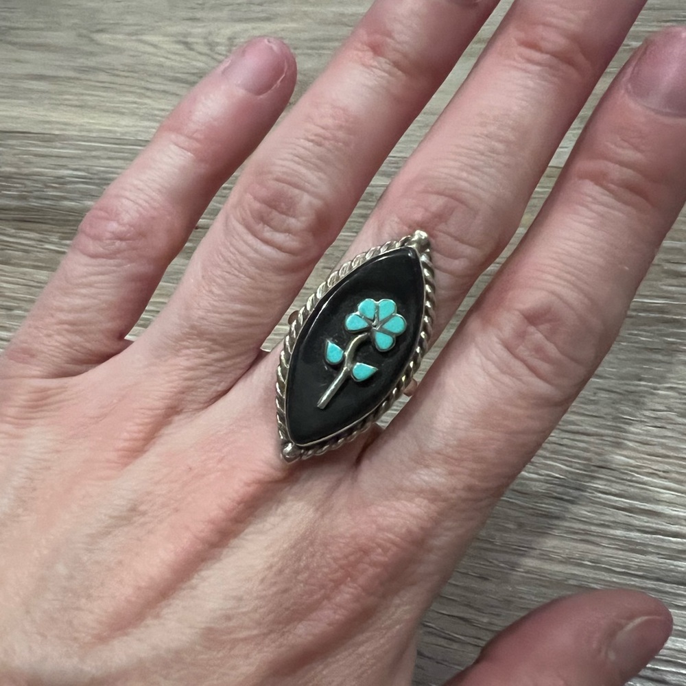 Vintage Sterling Silver, Black Onyx & Turquoise Ring